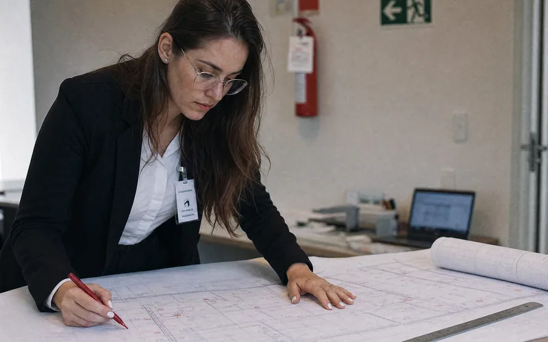 Engenheira analisando a prancha de um projeto de PPCI